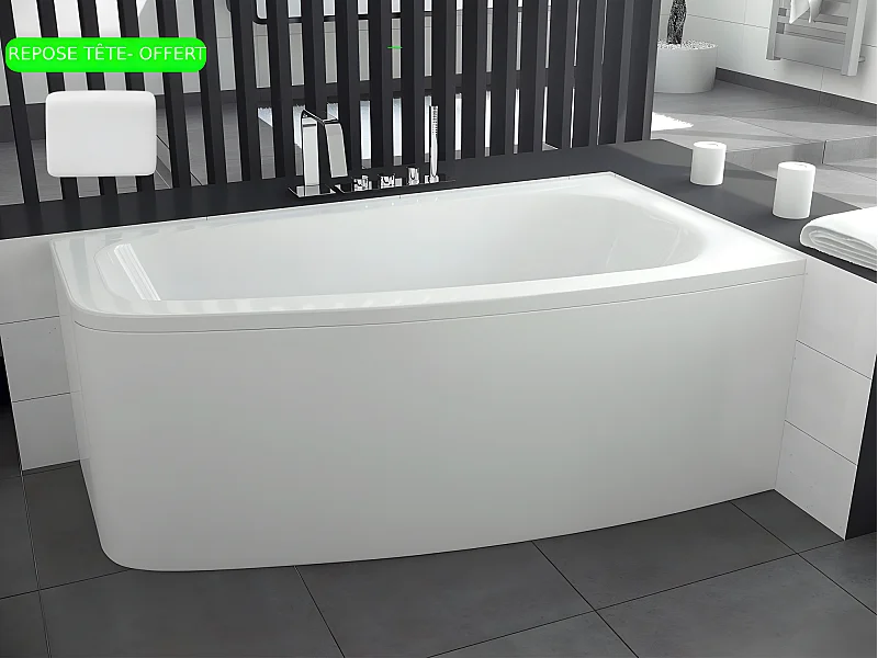 Baignoire asymétrique + tablier blanc + repose tête - LUNA - 150 x 80 cm - Droite
