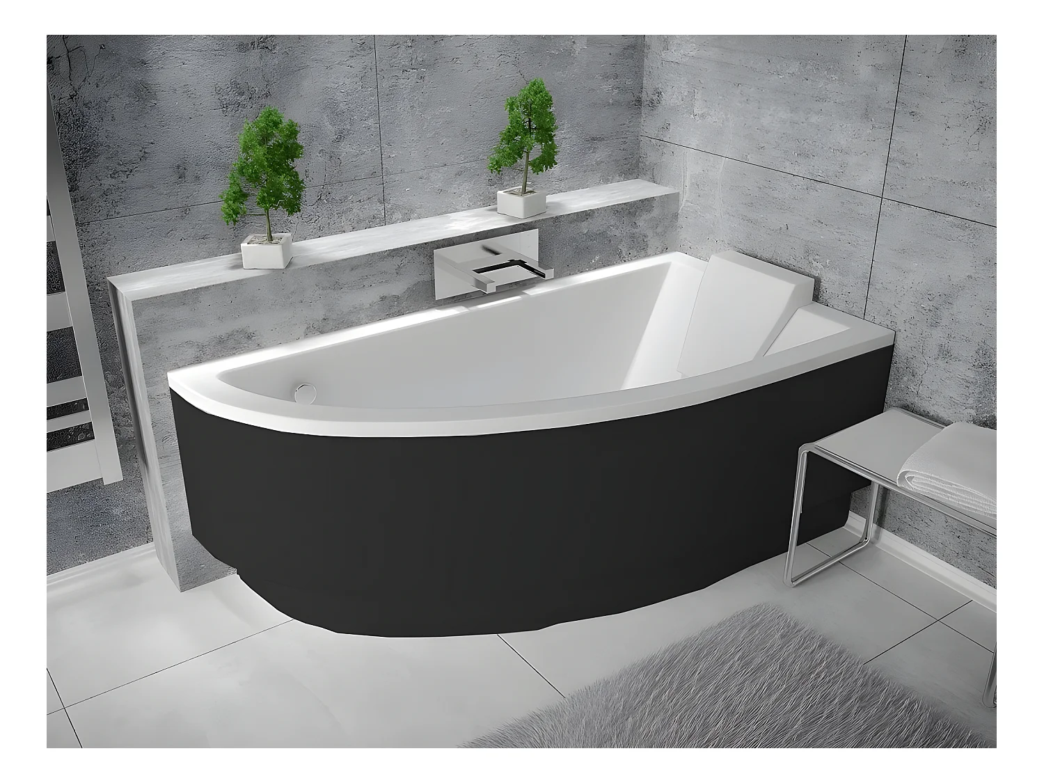 Baignoire asymétrique + tablier noir + repose tête  - PRAKTIKA  - 150 x 70 cm - Droite