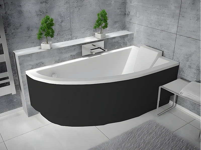 Baignoire asymétrique + tablier noir + repose tête  - PRAKTIKA  - 150 x 70 cm - Droite