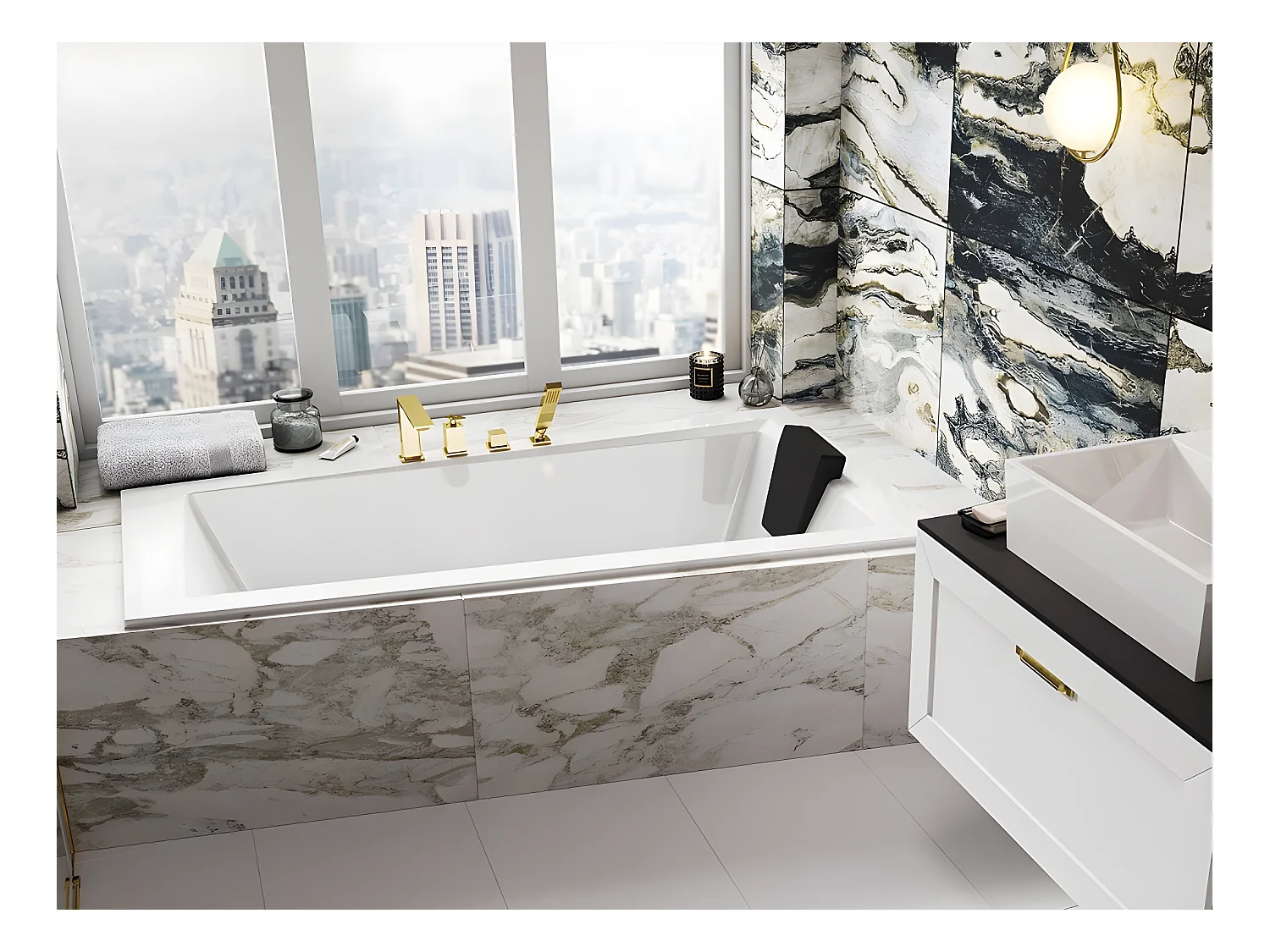 Baignoire asymétrique blanche encastrée + repose tête - INTIMA SLIM - 160 x 90 cm - droite