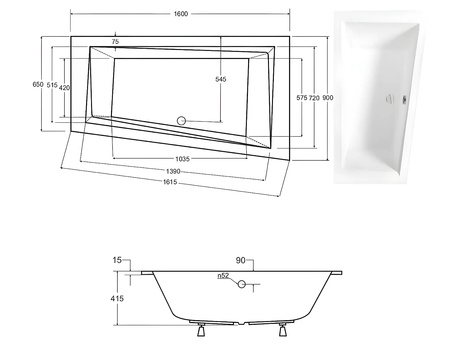 Baignoire asymétrique blanche encastrée + repose tête - INTIMA SLIM - 160 x 90 cm - droite