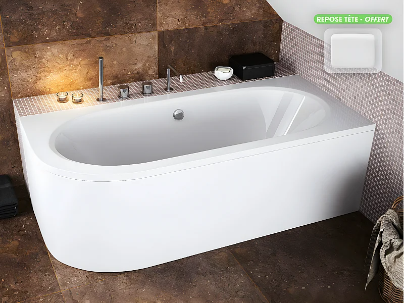 Baignoire d'angle - avec tablier blanc et repose tête offert | AVITA | 180 x 75 cm - Droite