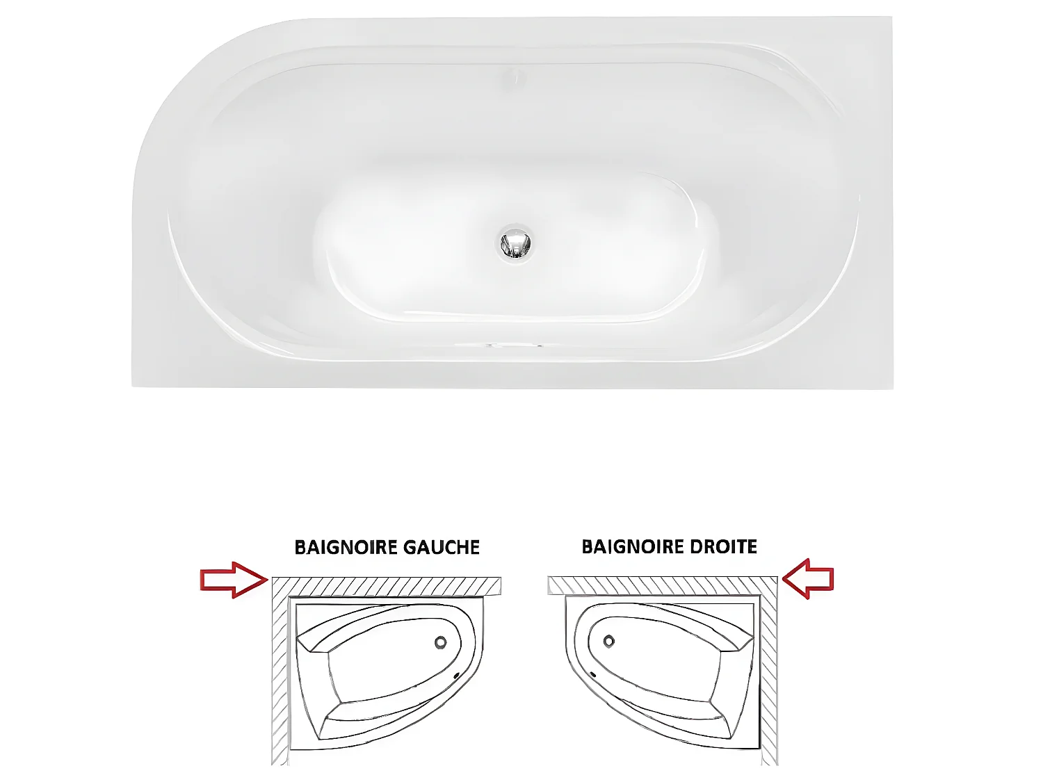 Baignoire d'angle Noir et Blanc + Siphon Chrome et Vidage inclus + Repose tête  -  AVITA S CLASSE - DROITE - 150 x 75 cm