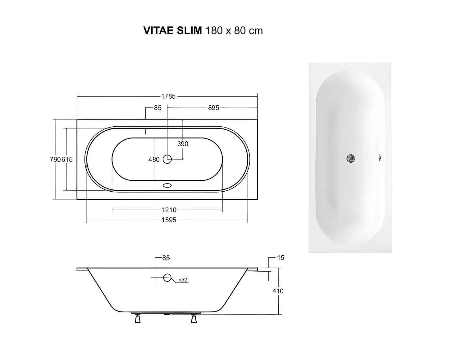 Baignoire rectangulaire blanche à encastrer + repose tête - 180 x 80 cm - VITAE SLIM