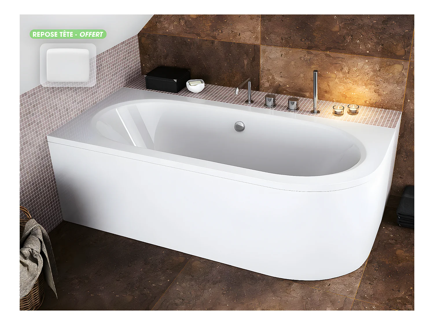 Baignoire d'angle - avec tablier blanc et repose tête offert | AVITA | 150 x 75 cm - Gauche