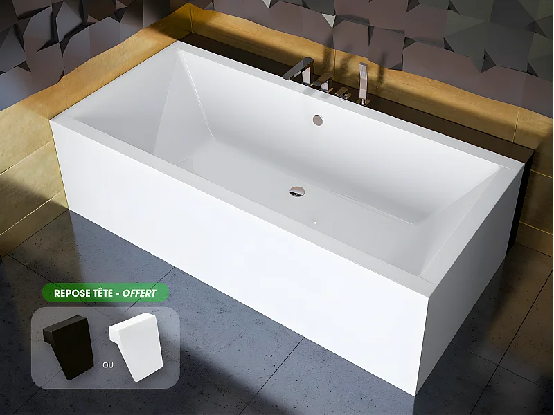 Baignoire rectangulaire - avec Tablier Blanc et Repose Tête OFFERT | QUADRO | 175  x 80 cm