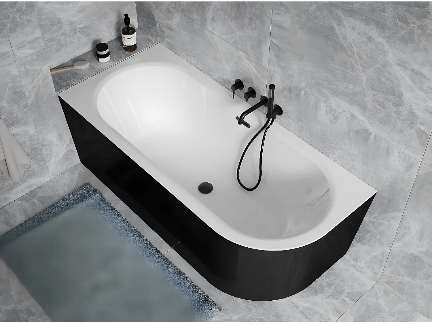 Baignoire d'angle Noir et Blanc + Siphon Graphite et Vidage inclus + Repose tête  -  AVITA S CLASSE - GAUCHE - 150 x 75 cm