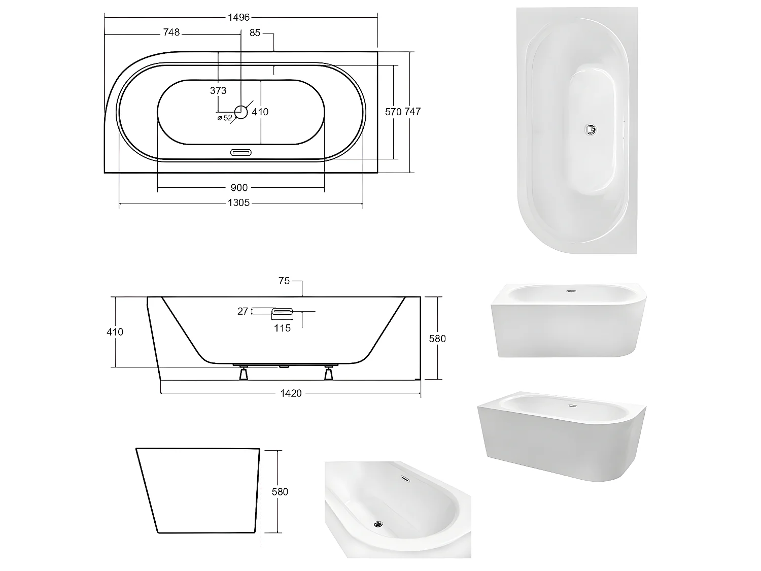 Baignoire d'angle Noir et Blanc + Siphon Graphite et Vidage inclus + Repose tête  -  AVITA S CLASSE - GAUCHE - 150 x 75 cm