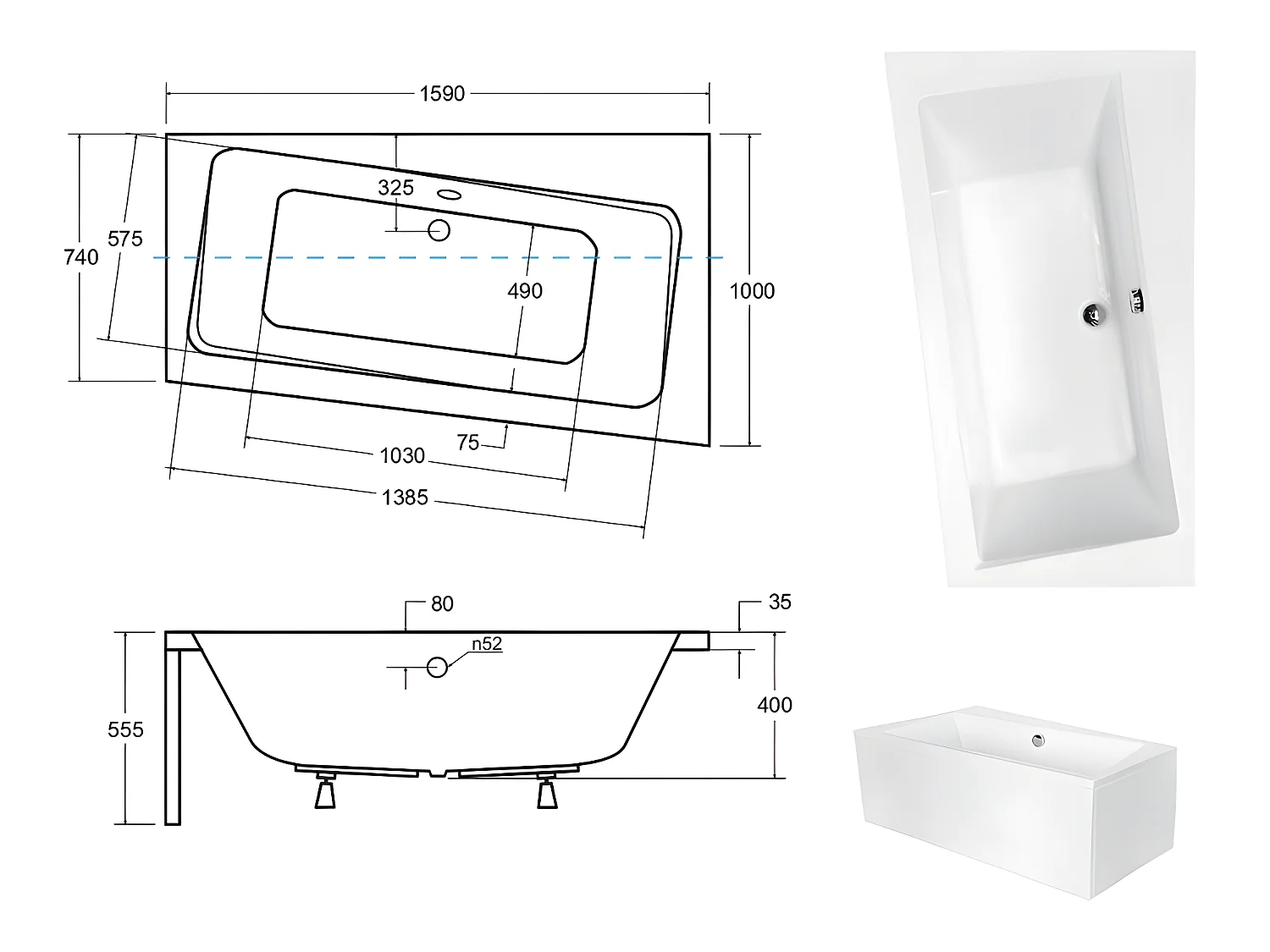 Baignoire asymétrique  + tablier blanc + repose tête - INFINITY - 160 x 100 cm - Droite