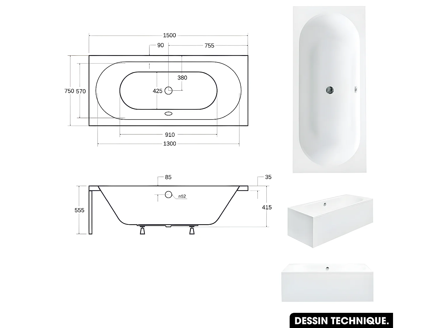 Baignoire rectangulaire - avec Tablier Blanc et Repose Tête OFFERT | VITAE | 150 x 75 cm