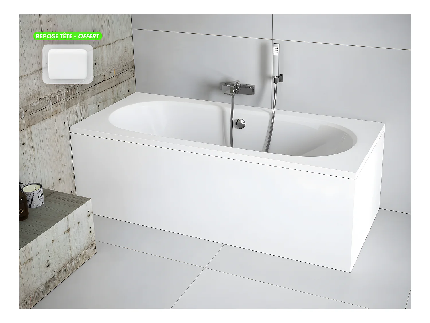 Baignoire rectangulaire - avec Tablier Blanc et Repose Tête OFFERT | VITAE | 150 x 75 cm