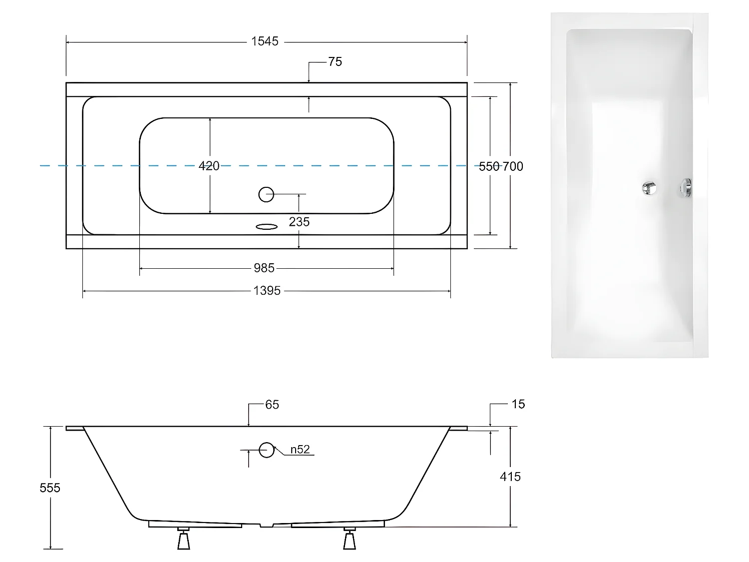 Baignoire rectangulaire blanc à encastrer - Repose Tête OFFERT - QUADRO SLIM - 155 x 70 cm