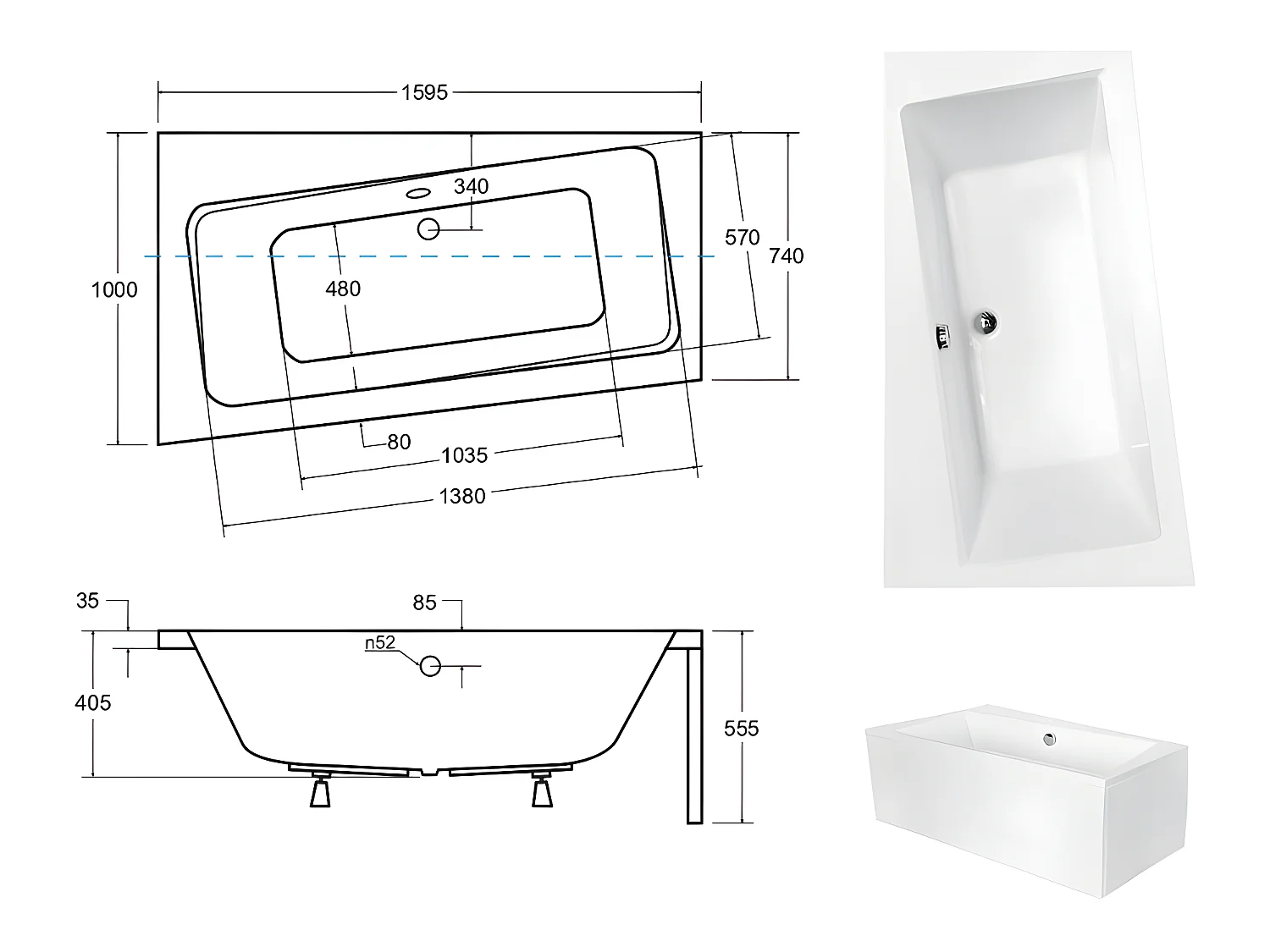 Baignoire asymétrique  + tablier blanc + repose tête - INFINITY - 160 x 100 cm - Gauche