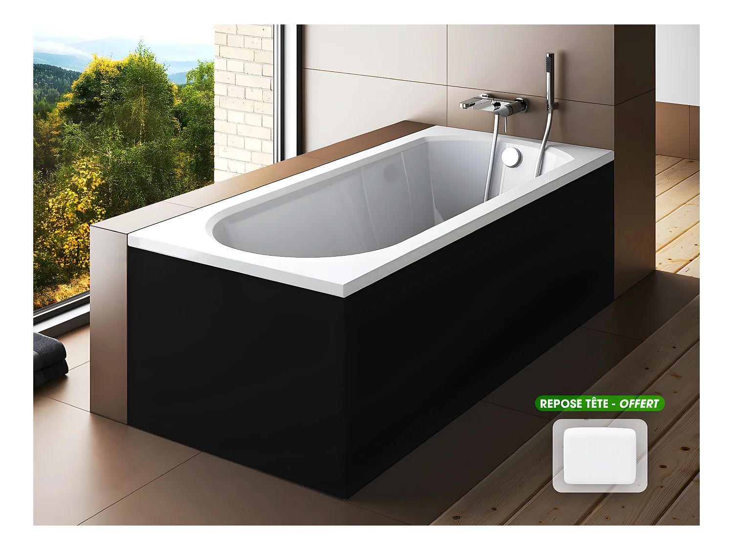 Baignoire rectangulaire - avec Tablier Noir Mat et Repose Tête OFFERT | INTRICA | 150 x75 cm