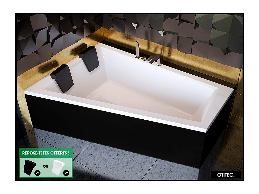Baignoire Asymétrique avec Tablier Noir - 180 x 125 cm - GAUCHE - INTIMA DUO - 2 REPOSE-TÊTES OFFERTS