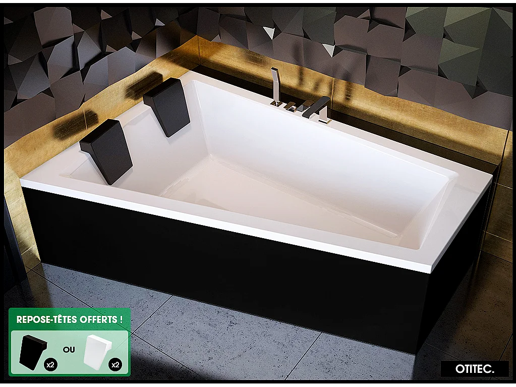 Baignoire Asymétrique avec Tablier Noir - 180 x 125 cm - GAUCHE - INTIMA DUO - 2 REPOSE-TÊTES OFFERTS