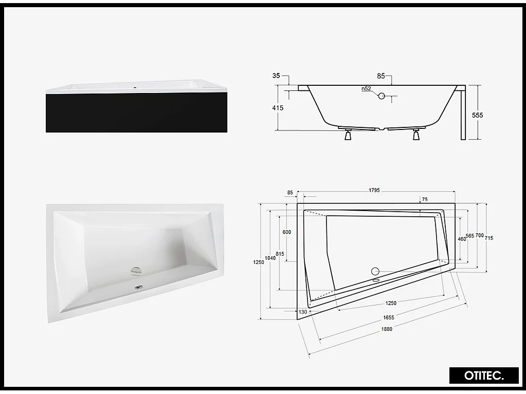 Baignoire Asymétrique avec Tablier Noir - 180 x 125 cm - GAUCHE - INTIMA DUO - 2 REPOSE-TÊTES OFFERTS
