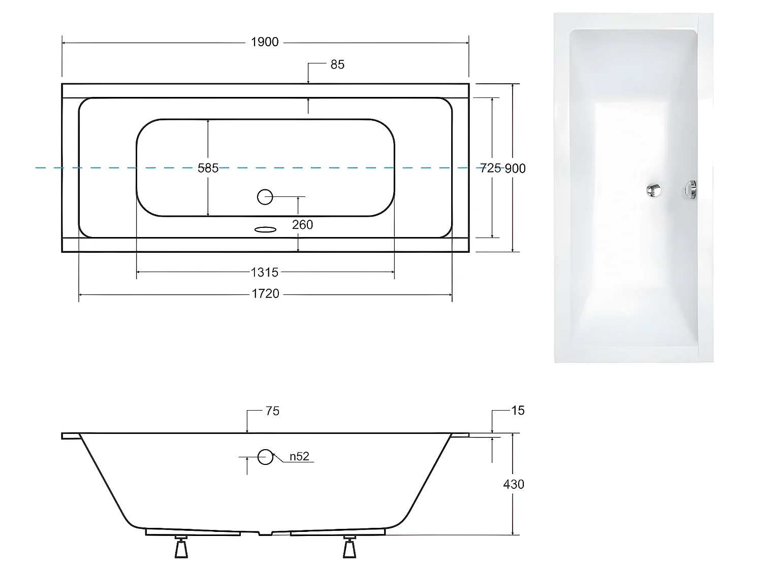 Baignoire rectangulaire blanc à encastrer - Repose Tête OFFERT - QUADRO SLIM - 190 x 90 cm