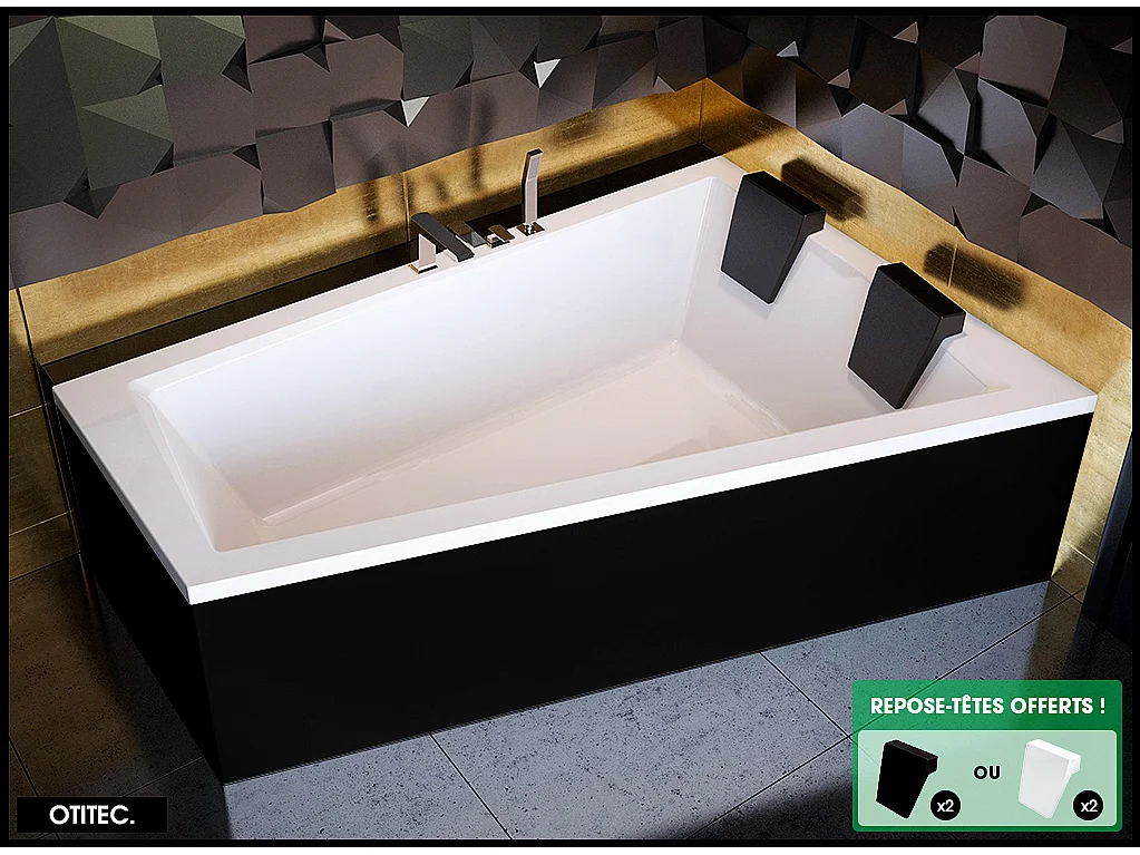 Baignoire Asymétrique avec Tablier Noir - 180 x 125 cm - DROITE - INTIMA DUO - 2 REPOSE-TÊTES OFFERTS