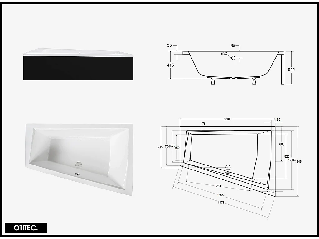 Baignoire Asymétrique avec Tablier Noir - 180 x 125 cm - DROITE - INTIMA DUO - 2 REPOSE-TÊTES OFFERTS
