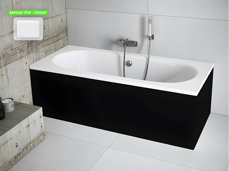 Baignoire rectangulaire - avec Tablier Noir Mat et Repose Tête OFFERT | VITAE | 170 x 75 cm