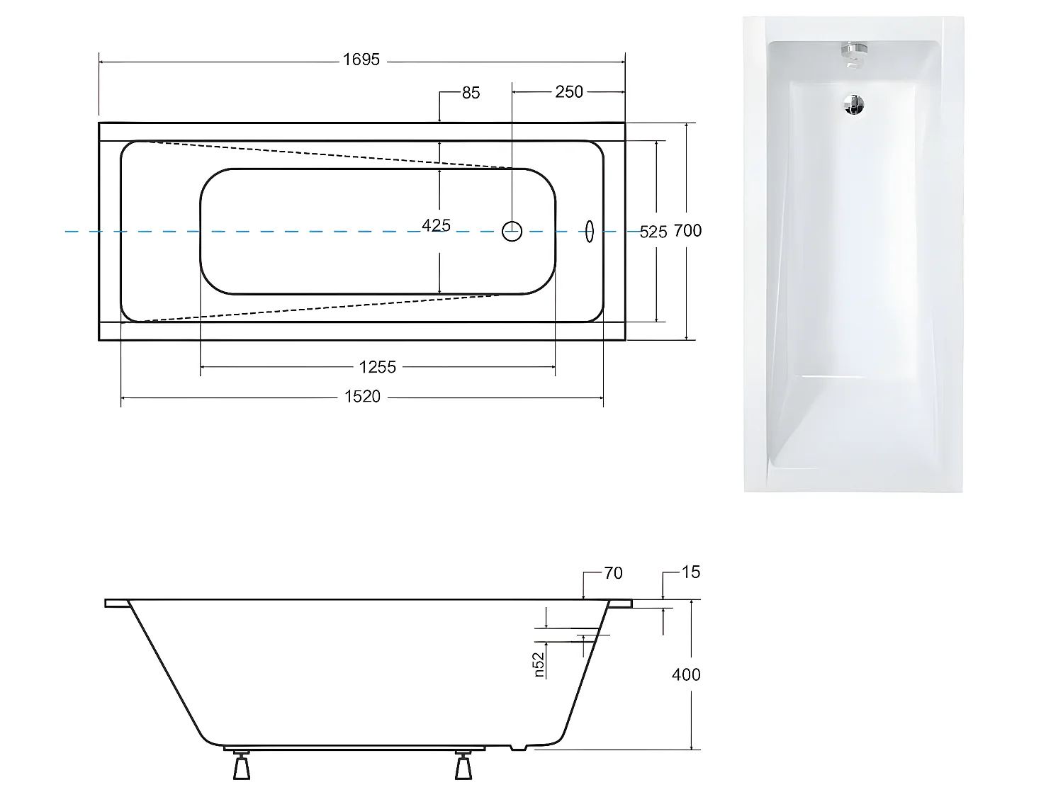 Baignoire rectangulaire blanche à encastrer + repose tête - MODERN SLIM - 170 x 70 cm