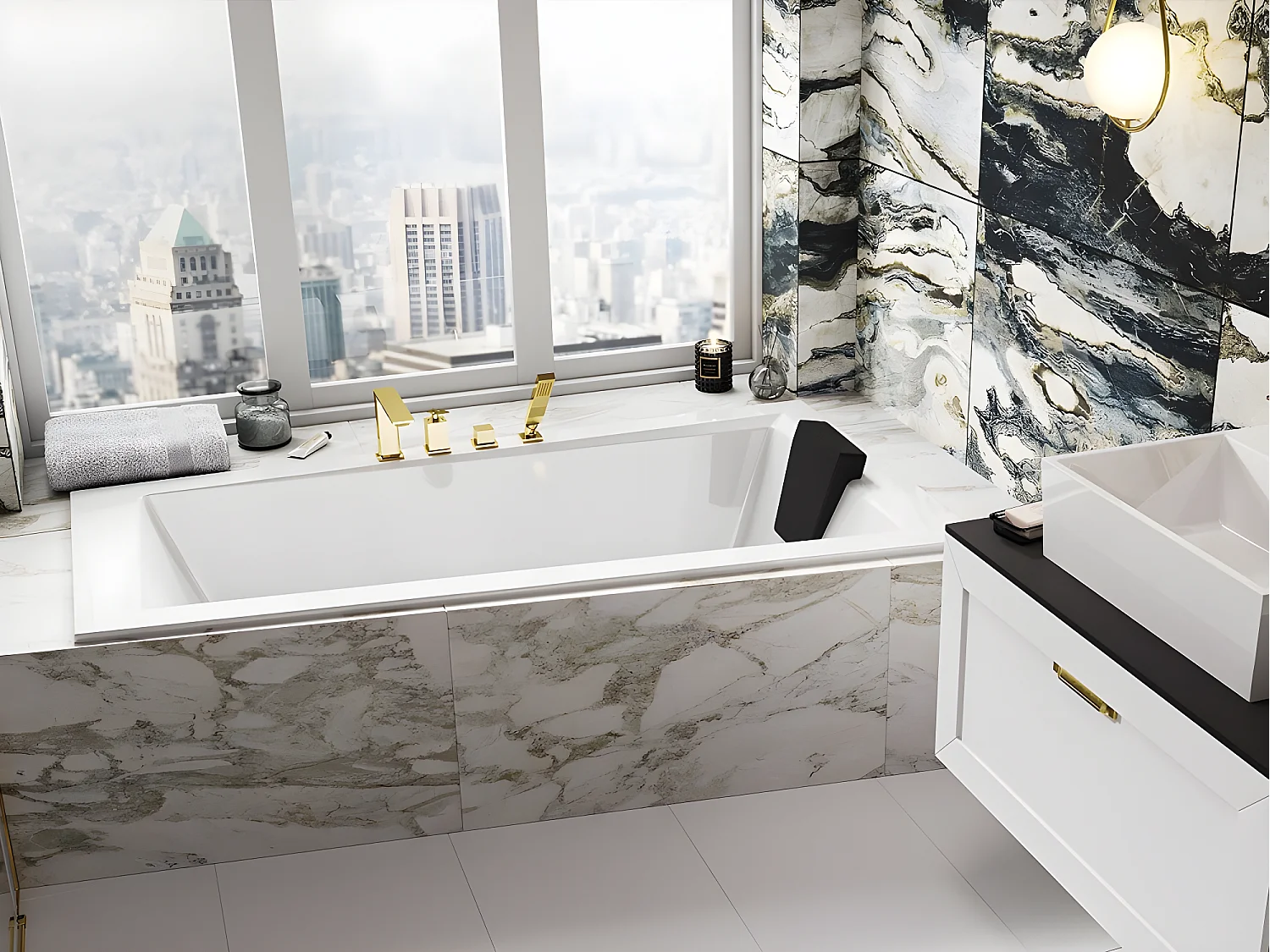 Baignoire asymétrique blanche encastrée + repose tête - INTIMA SLIM - 150 x 85 cm - droite