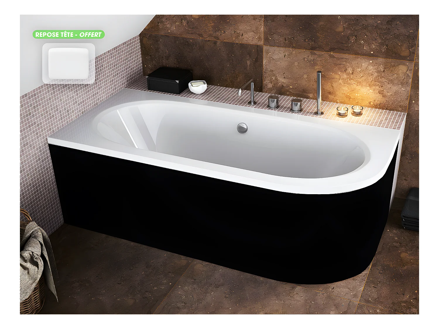 Baignoire d'angle - avec tablier noir Mat et repose tête offert | AVITA | 150 x 75 cm - Gauche