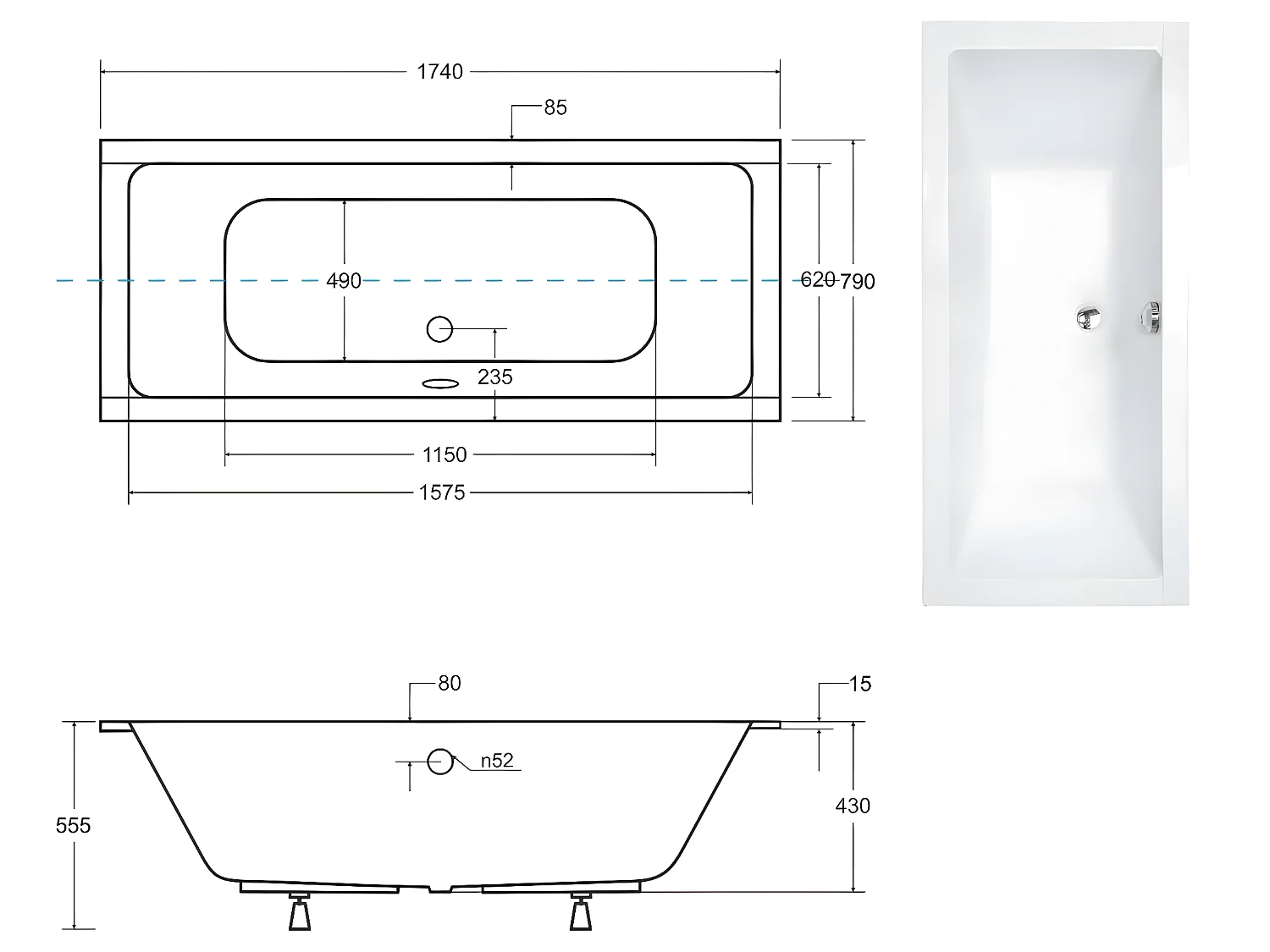 Baignoire rectangulaire blanc à encastrer - Repose Tête OFFERT - QUADRO SLIM - 175 x 80 cm