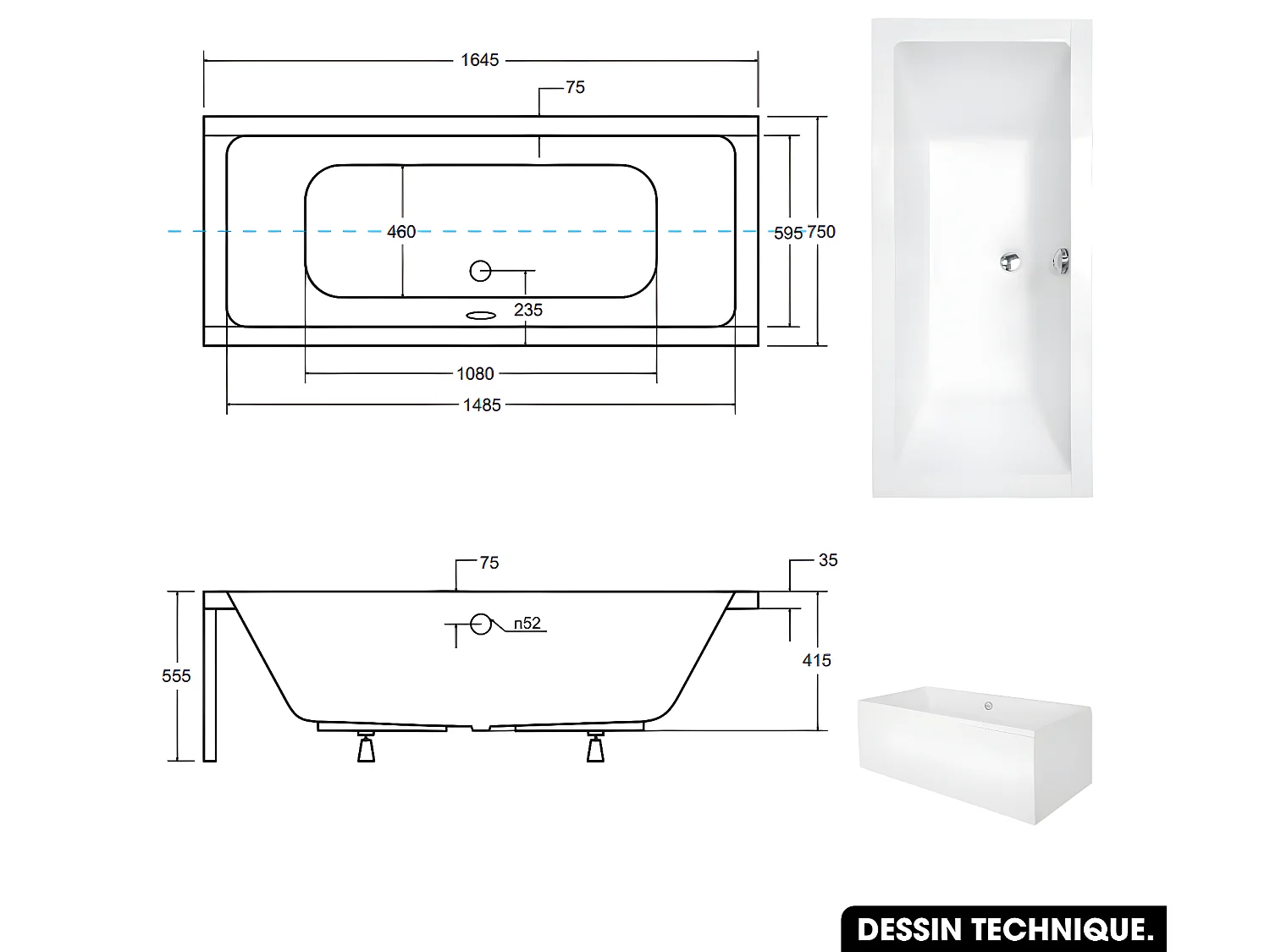 Baignoire rectangulaire - avec Tablier Noir Mat et Repose Tête OFFERT | QUADRO | 165 x75 cm