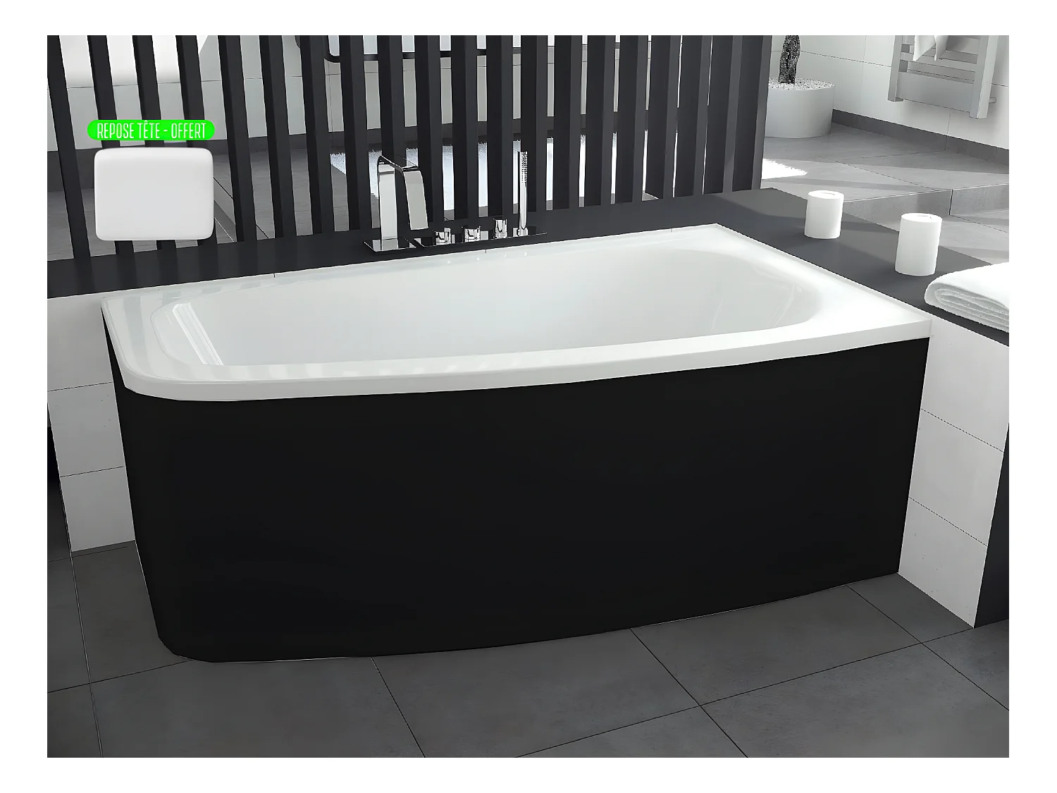 Baignoire asymétrique + tablier noir + repose tête - LUNA - 150 x 80 cm - Droite