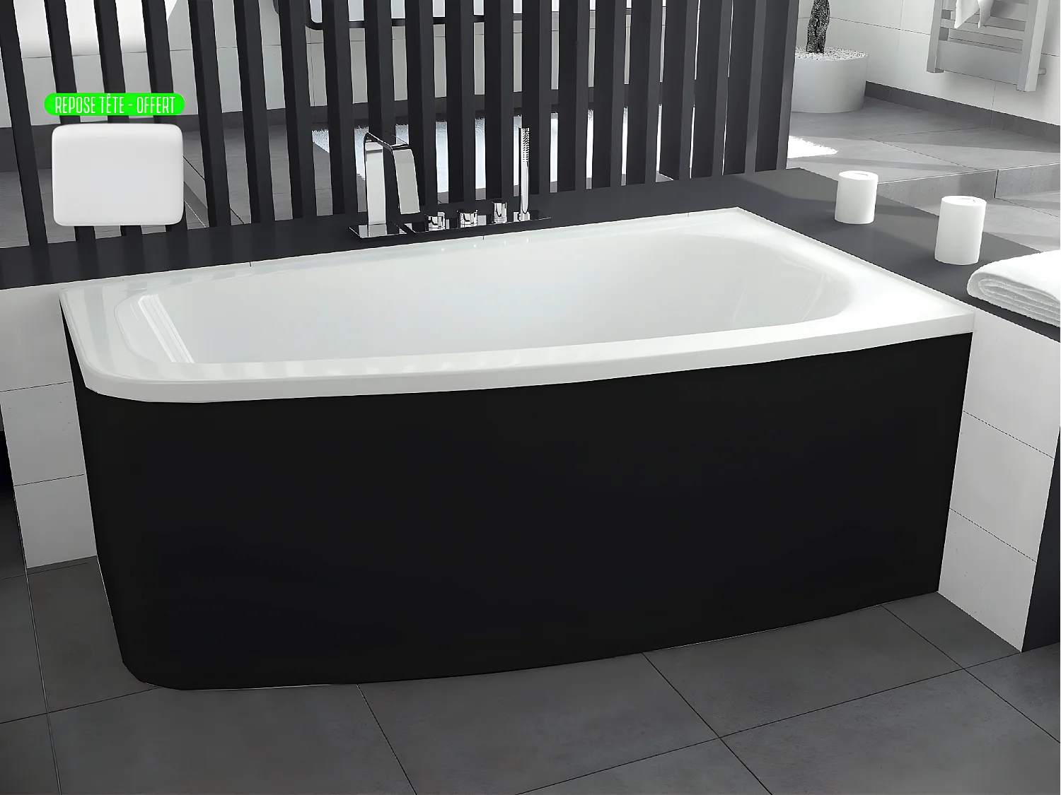 Baignoire asymétrique + tablier noir + repose tête - LUNA - 150 x 80 cm - Droite