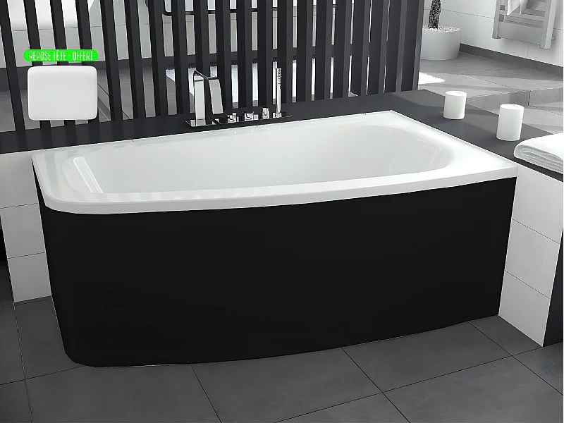 Baignoire asymétrique + tablier noir + repose tête - LUNA - 150 x 80 cm - Droite