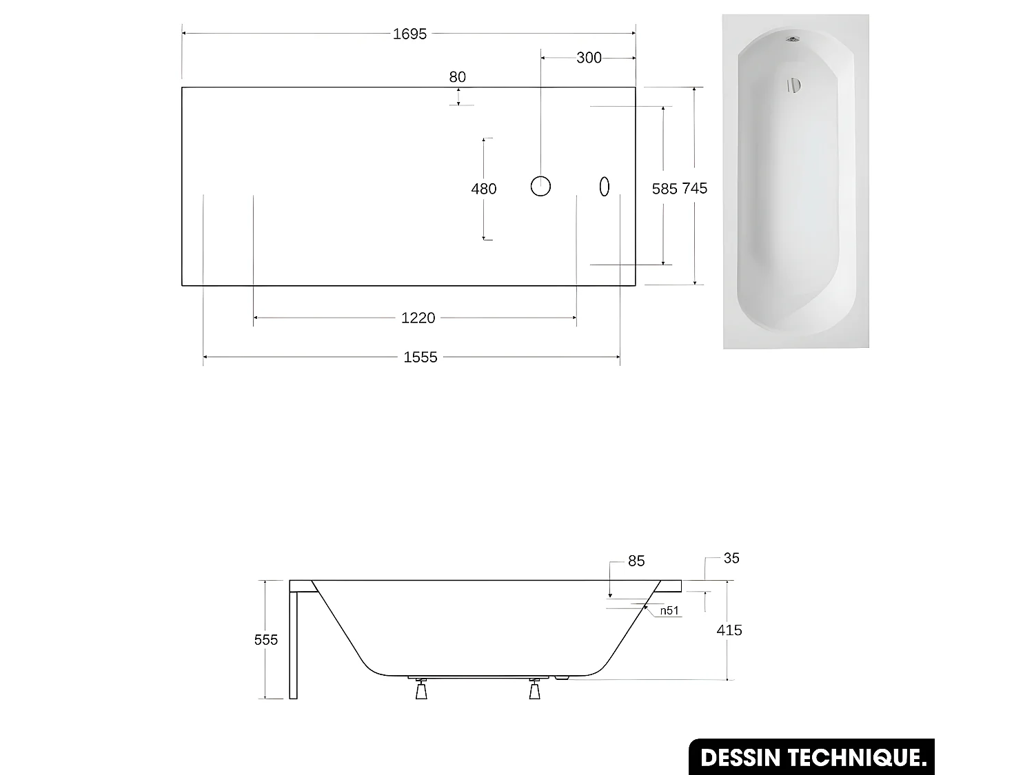 Baignoire rectangulaire - avec Tablier Noir Mat et Repose Tête OFFERT | INTRICA | 170 x75 cm
