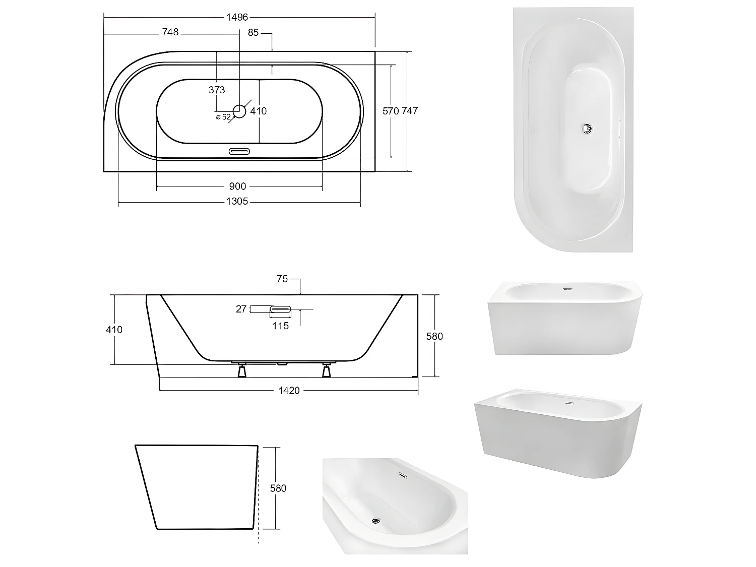 Baignoire d'angle Noir et Blanc + Siphon Blanc et Vidage inclus + Repose tête  -  AVITA S CLASSE - GAUCHE - 150 x 75 cm