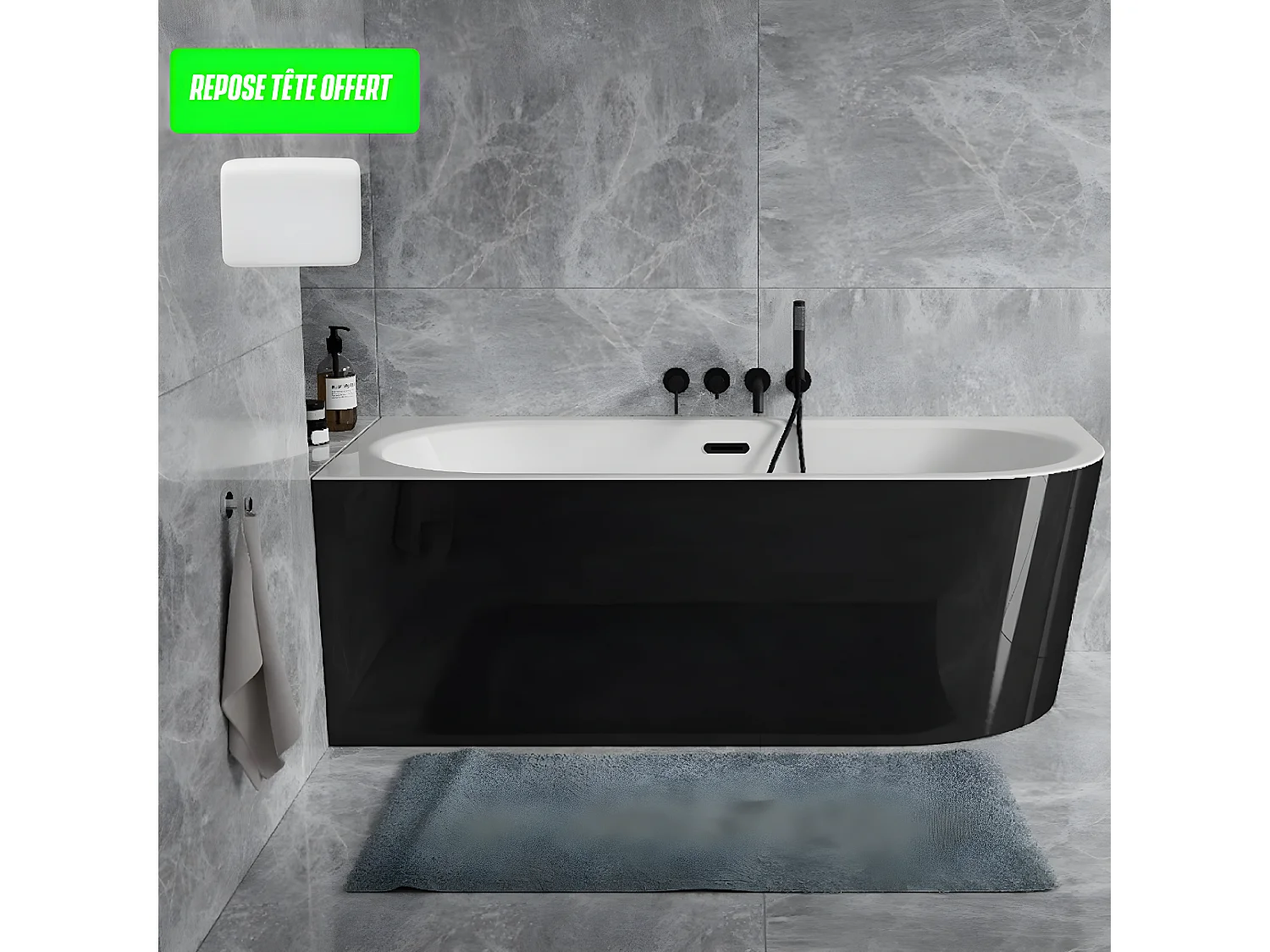 Baignoire d'angle Noir et Blanc + Siphon Blanc et Vidage inclus + Repose tête  -  AVITA S CLASSE - GAUCHE - 150 x 75 cm