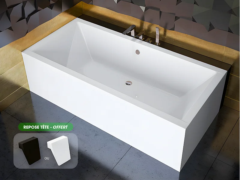 Baignoire rectangulaire - avec Tablier Blanc et Repose Tête OFFERT | QUADRO | 170 x75 cm