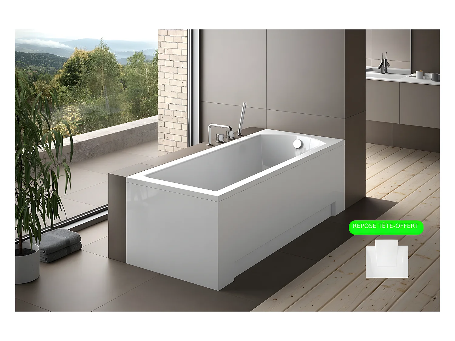Baignoire rectangulaire + tablier blanc + repose tête - SHEA - 150 x 70 cm