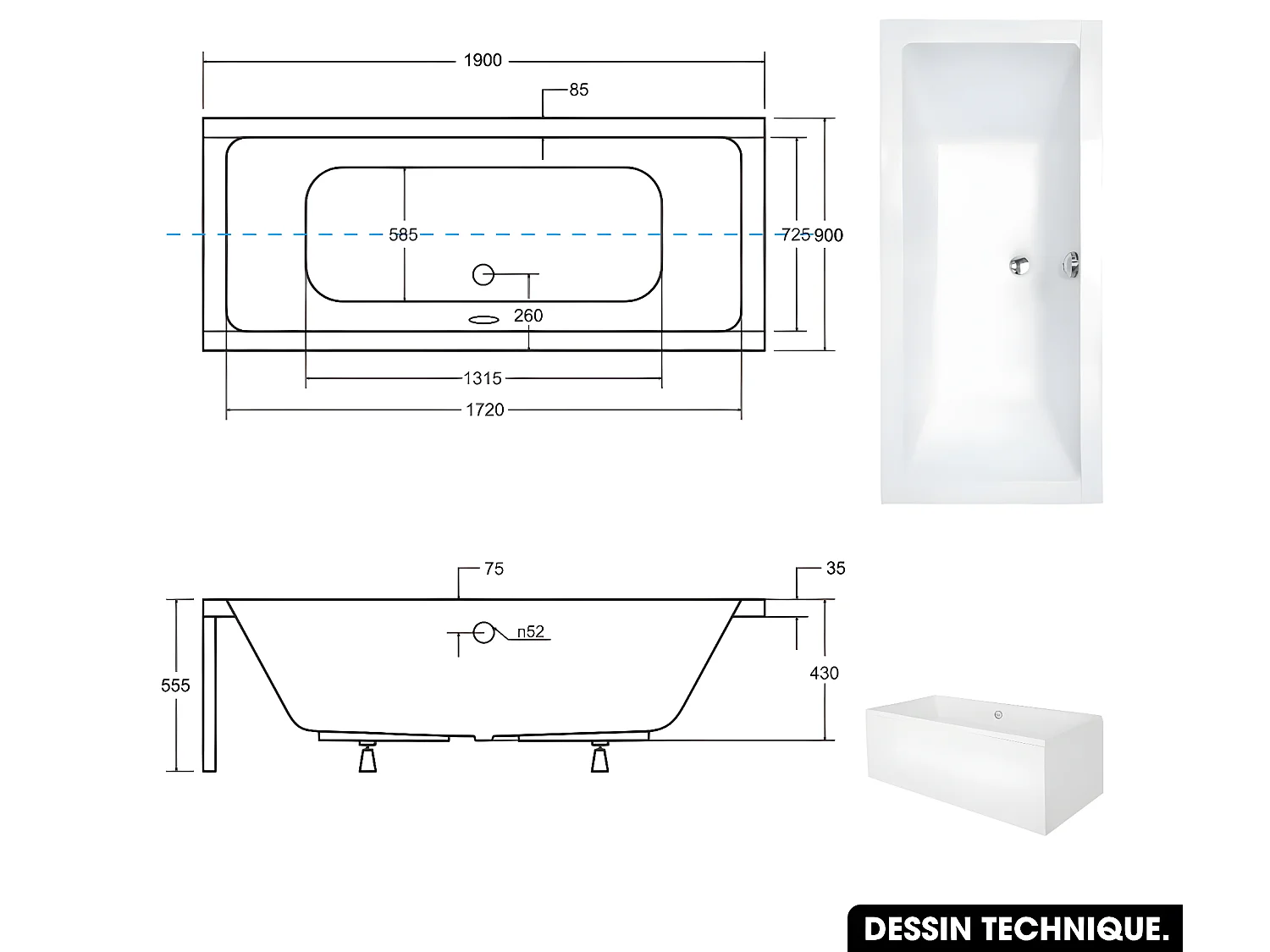 Baignoire rectangulaire - avec Tablier Blanc et Repose Tête OFFERT | QUADRO | 190  x 90 cm