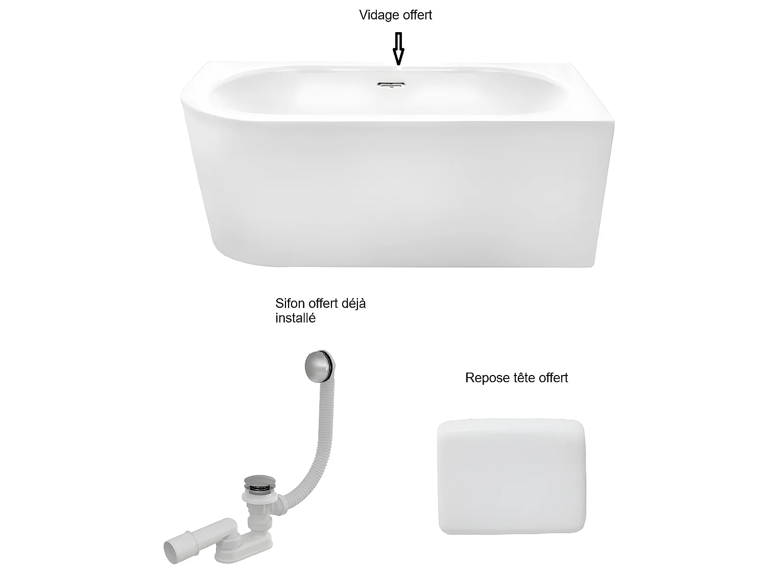 Baignoire d'angle Blanc + Siphon noir et Vidage inclus + Repose tête  -  AVITA S CLASSE - DROITE - 150 x 75 cm