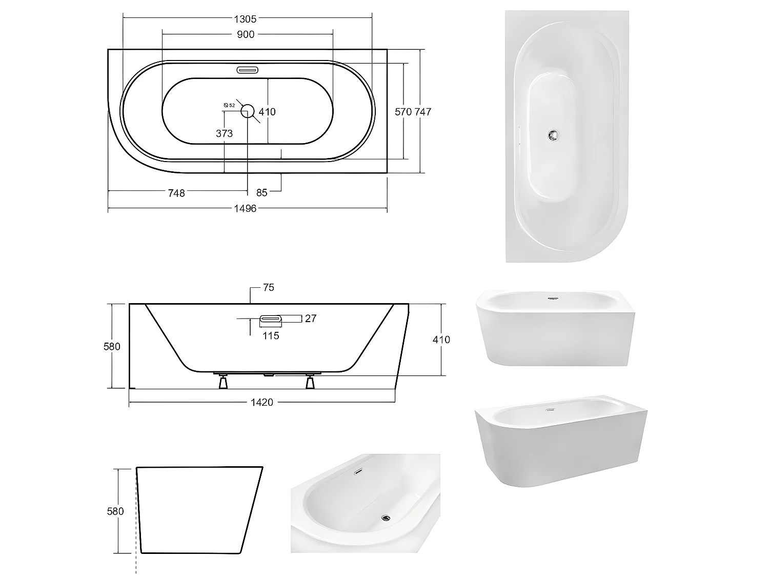 Baignoire d'angle Blanc + Siphon noir et Vidage inclus + Repose tête  -  AVITA S CLASSE - DROITE - 150 x 75 cm
