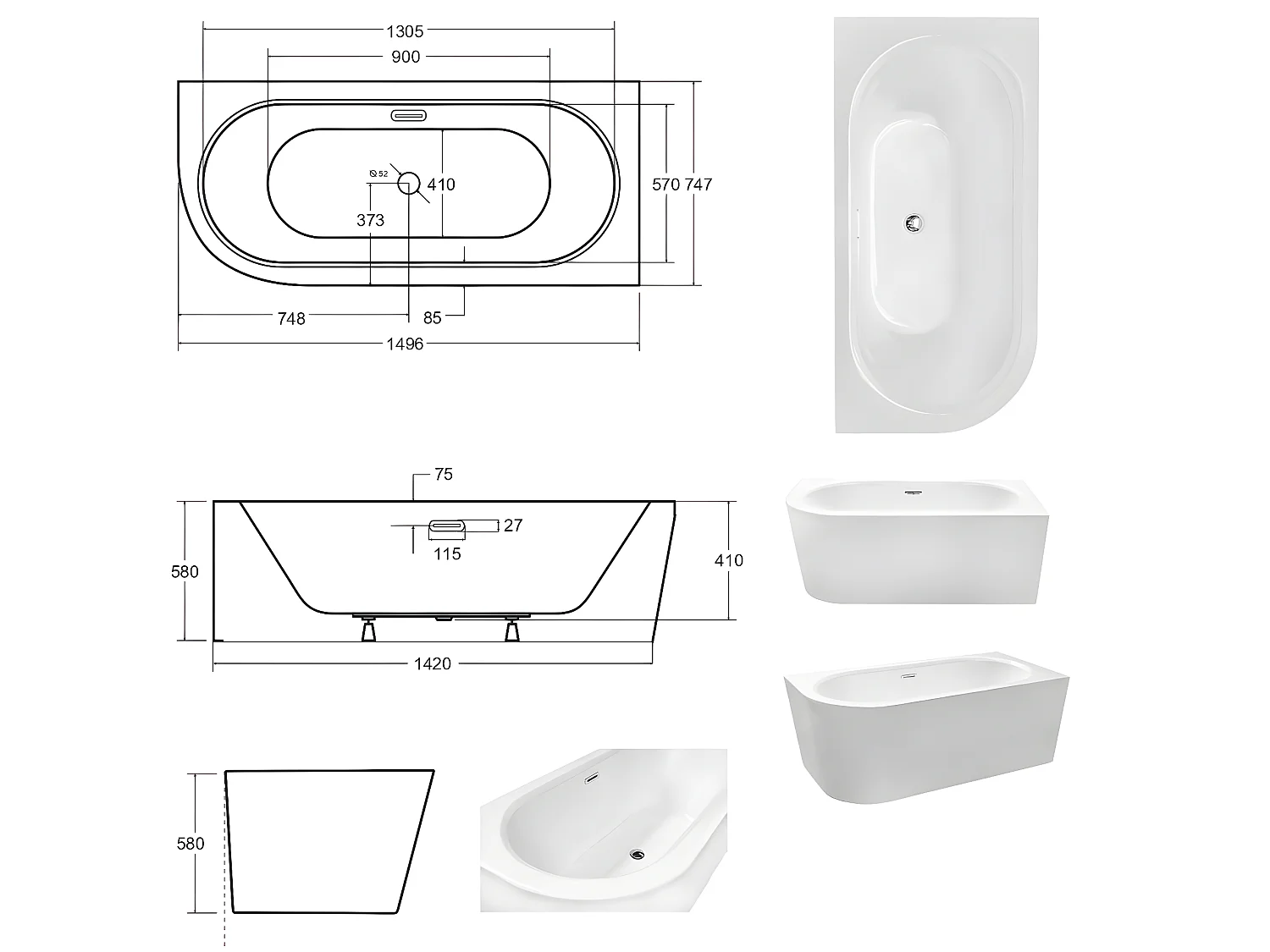 Baignoire d'angle Blanc + Siphon Doré et Vidage inclus + Repose tête  -  AVITA S CLASSE - DROITE - 150 x 75 cm
