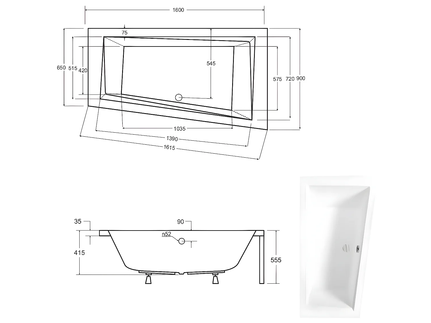 Baignoire asymétrique + tablier blanc + repose tête - INTIMA - 150 x 85 cm - Droite