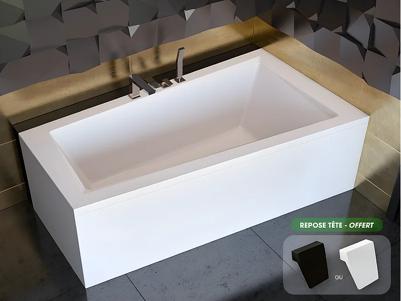 Baignoire asymétrique + tablier blanc + repose tête - INTIMA - 150 x 85 cm - Droite