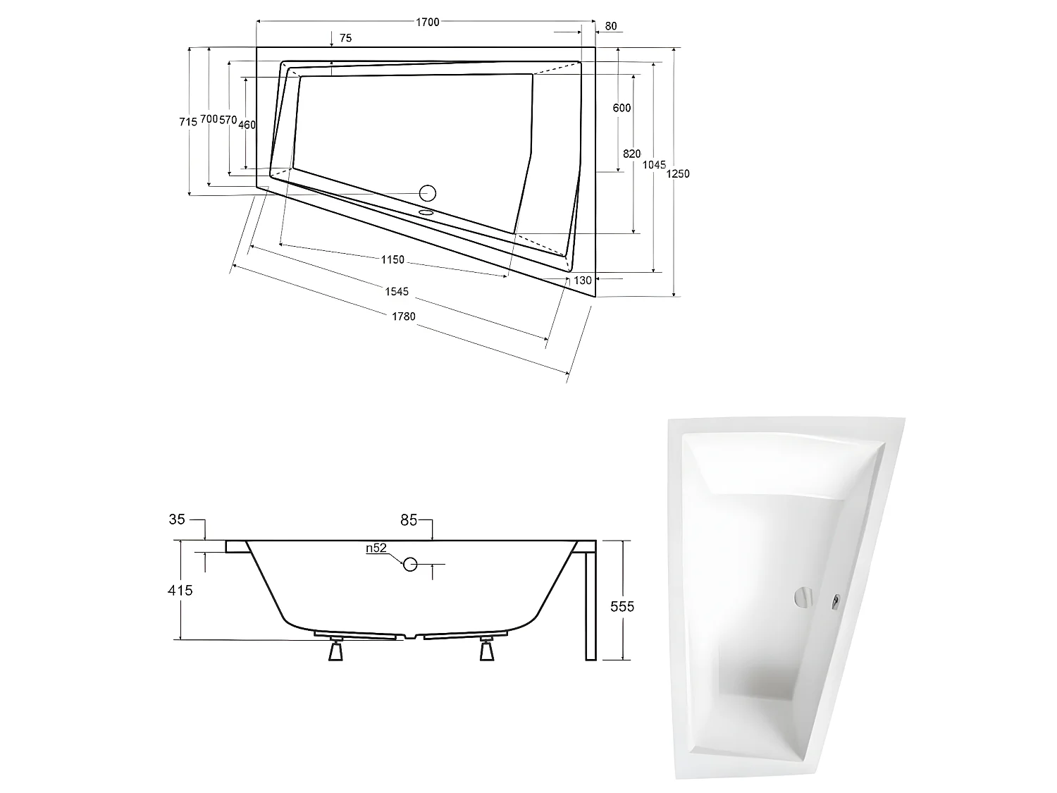 Baignoire asymétrique + tablier blanc + repose tête - INTIMA DUO - 170 x 125 cm - Droite