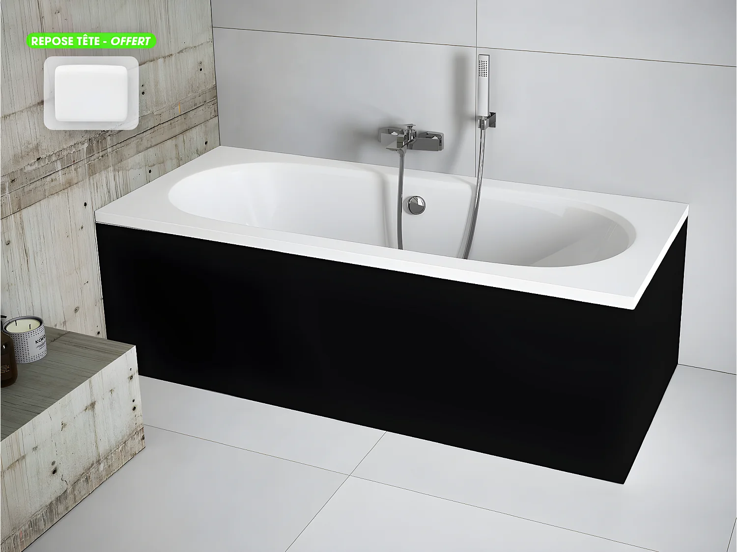 Baignoire rectangulaire - avec Tablier Noir Mat et Repose Tête OFFERT | VITAE | 180 x 80 cm
