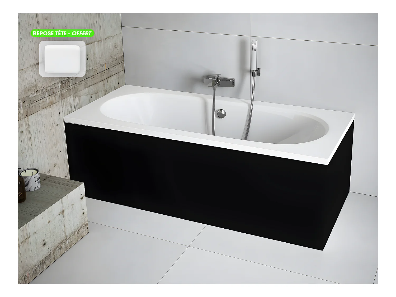 Baignoire rectangulaire - avec Tablier Noir Mat et Repose Tête OFFERT | VITAE | 180 x 80 cm