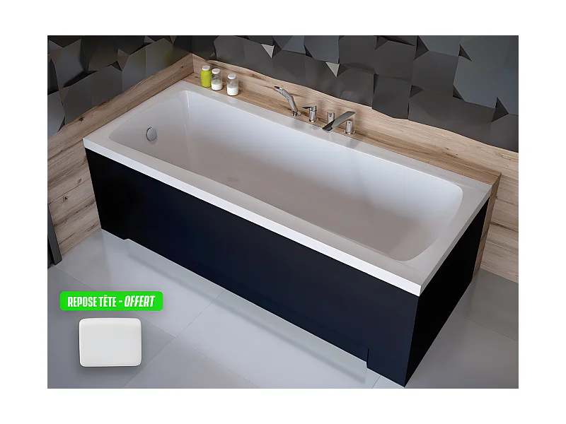 Baignoire rectangulaire  + tablier noir mat + repose tête - OPTIMA - 170 x 70 cm