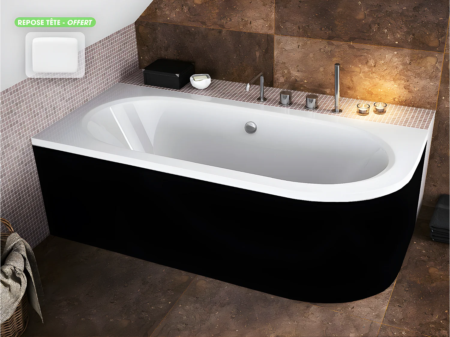 Baignoire d'angle - avec tablier noir Mat et repose tête offert | AVITA | 160 x 75 cm - Gauche