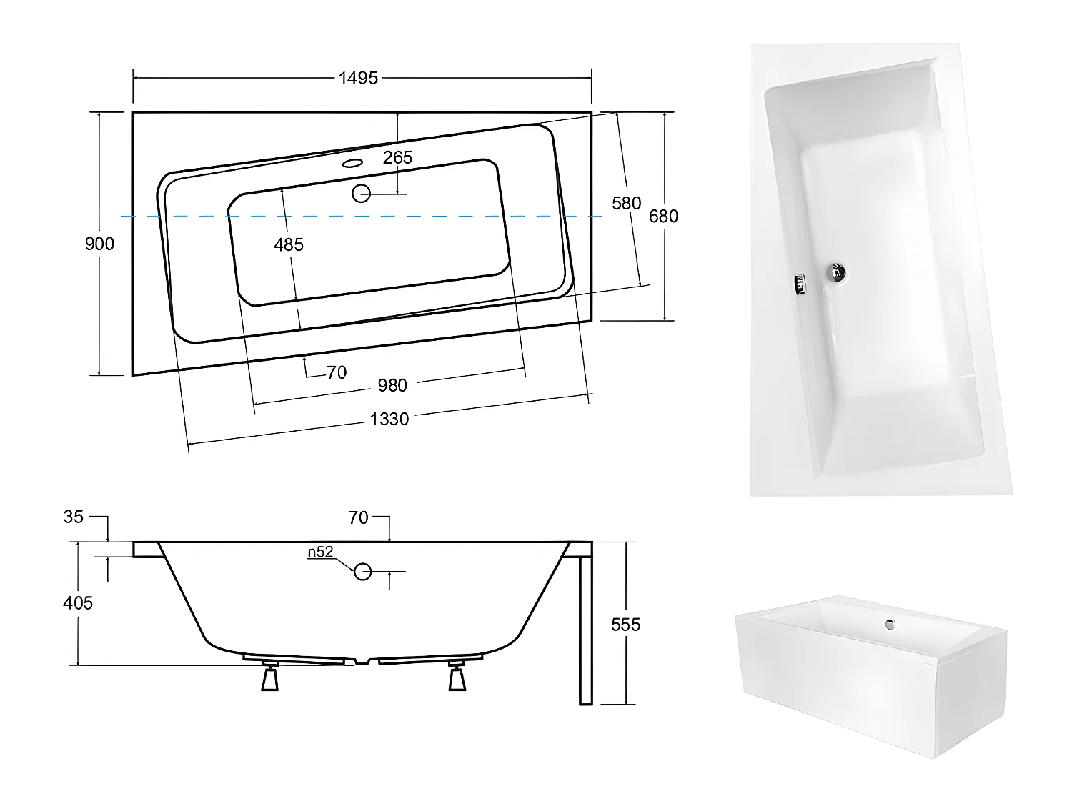 Baignoire asymétrique  + tablier blanc + repose tête - INFINITY - 150 x 90 cm - Gauche